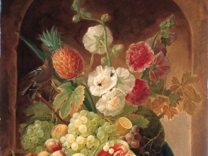 1751-Johannes Hendrik Fredriks - Meloni, uva, un limone, pesche, prugne, ciliegie, ribes bianco, uva spina